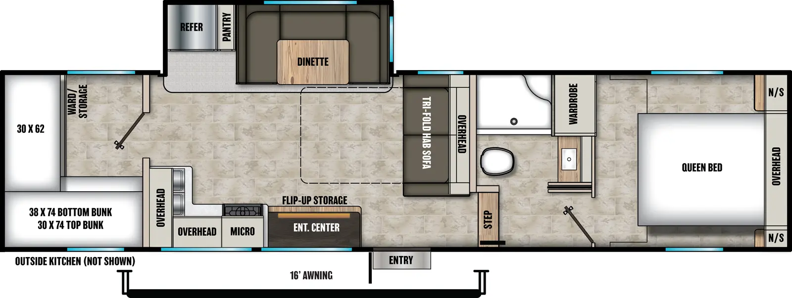 The Chaparral Lite 274BH floorplan has one entry and one slide out. Exterior features include: fiberglass exterior, 16' awning and outside kitchen. Interiors features include: bunk beds, u-dinette and front bedroom.
